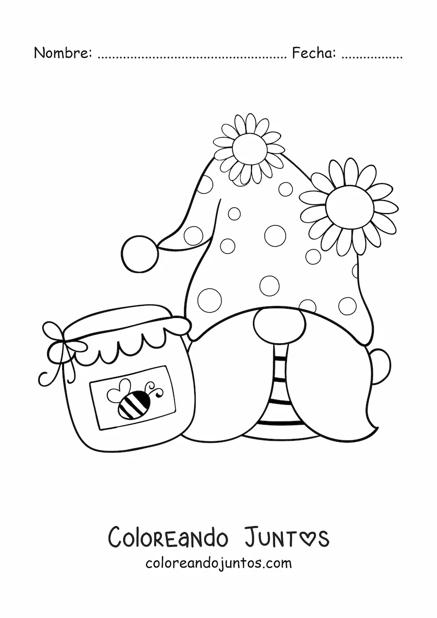 Imagen para colorear de un gnomo kawaii con un tarro de miel