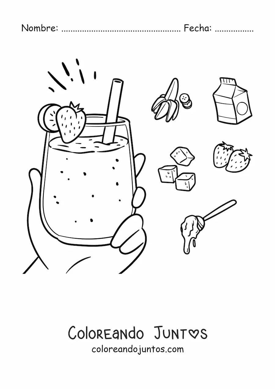 Imagen para colorear de una mano sujetando un batido de fresa rodeada de sus ingredientes