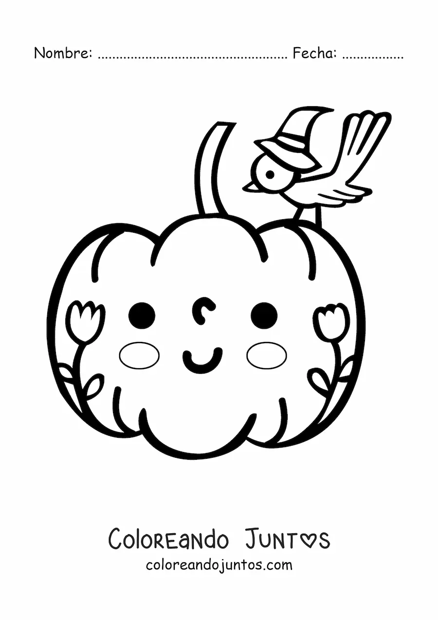 Imagen para colorear de una calabaza kawaii con flores y un pájaro