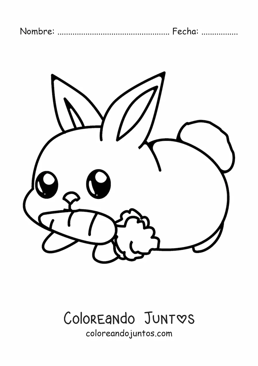 Imagen para colorear de un conejo kawaii con una zanahoria en la boca