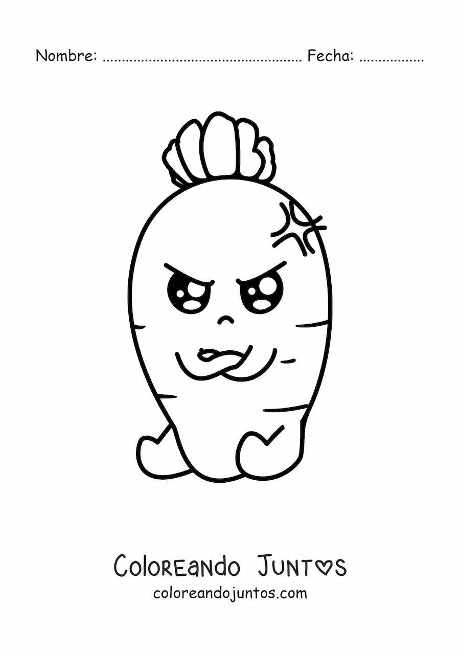 Imagen para colorear de una zanahoria kawaii animada con expresión enojada