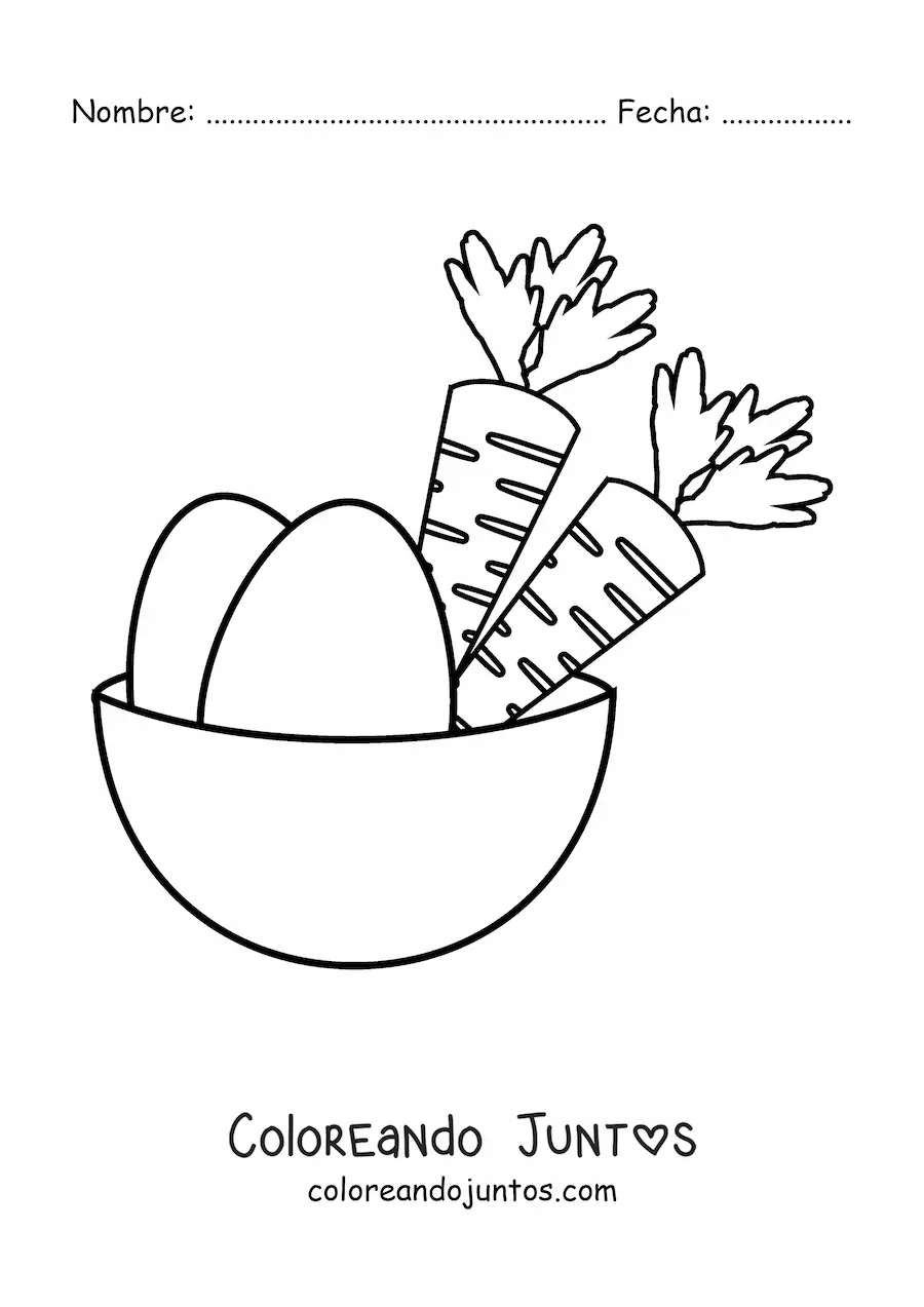 Imagen para colorear de dos zanahorias en un canasto junto a dos huevos