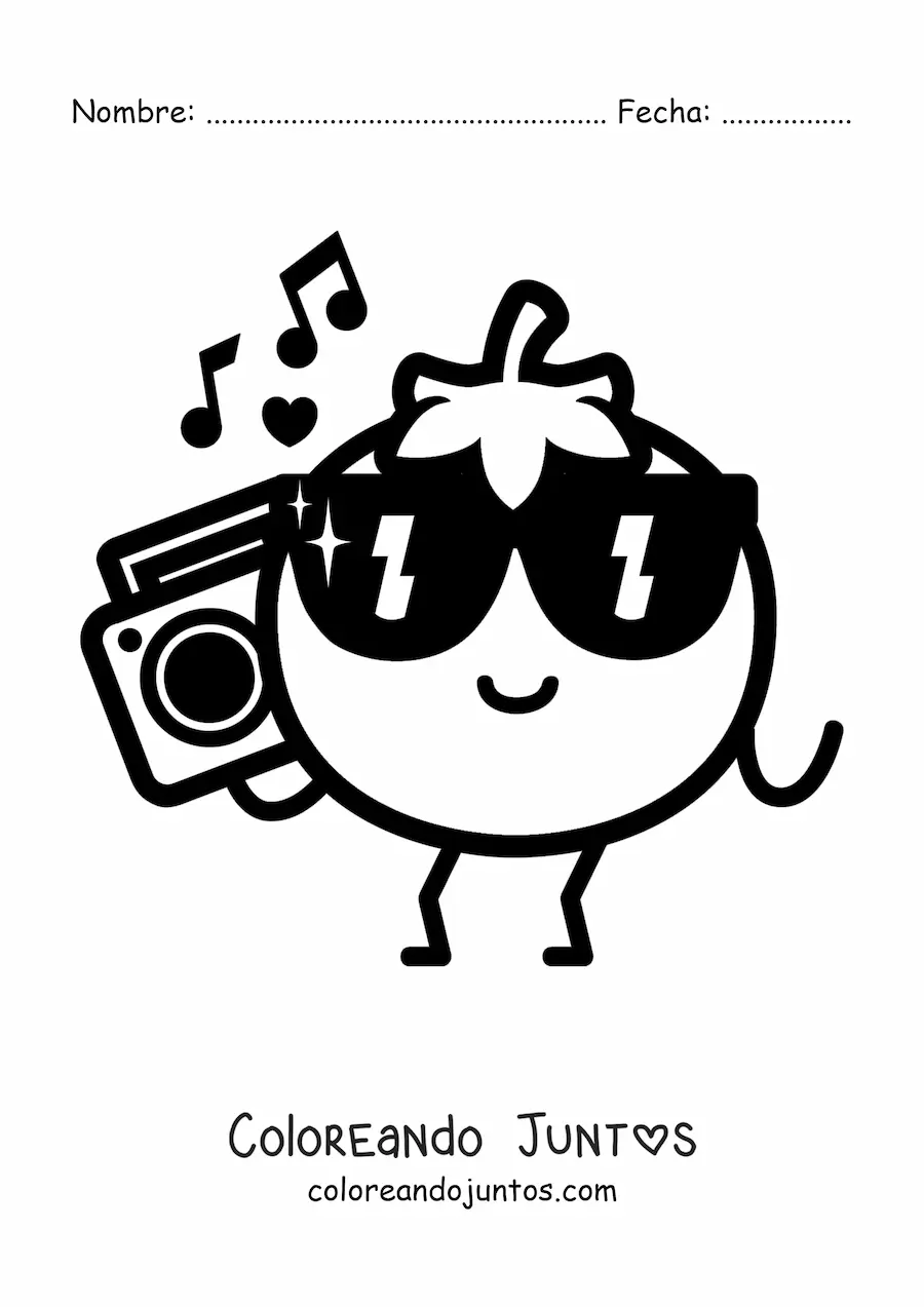 Imagen para colorear de un tomate animado con lentes de sol y un radio