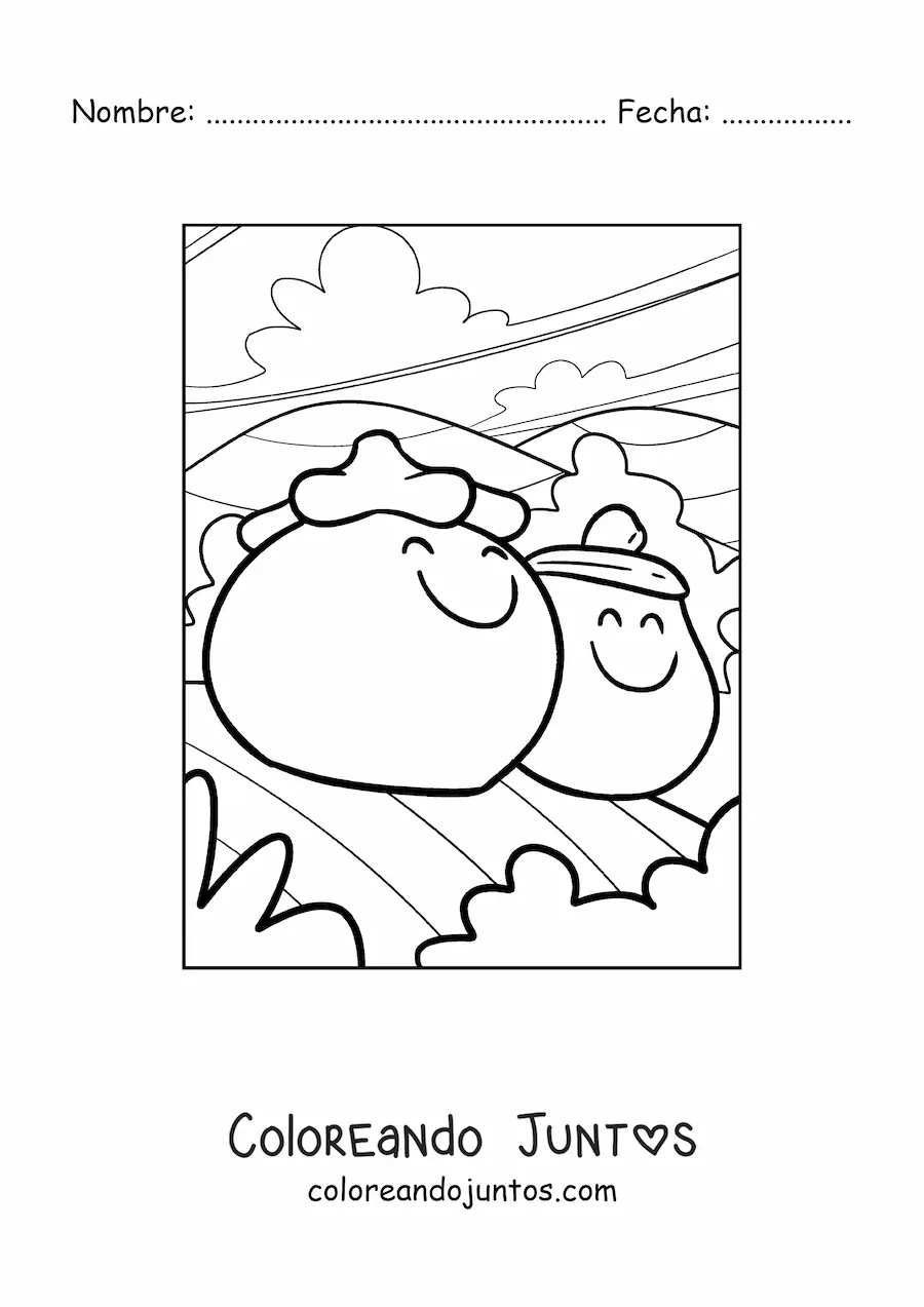 Imagen para colorear de un tomate animado junto a una berenjena animada