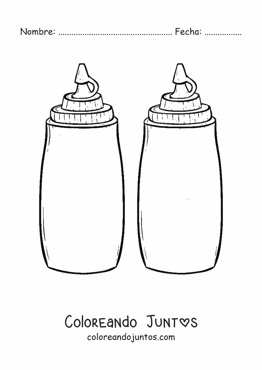 Imagen para colorear de un recipiente de salsa de tomate junto a uno de mostaza