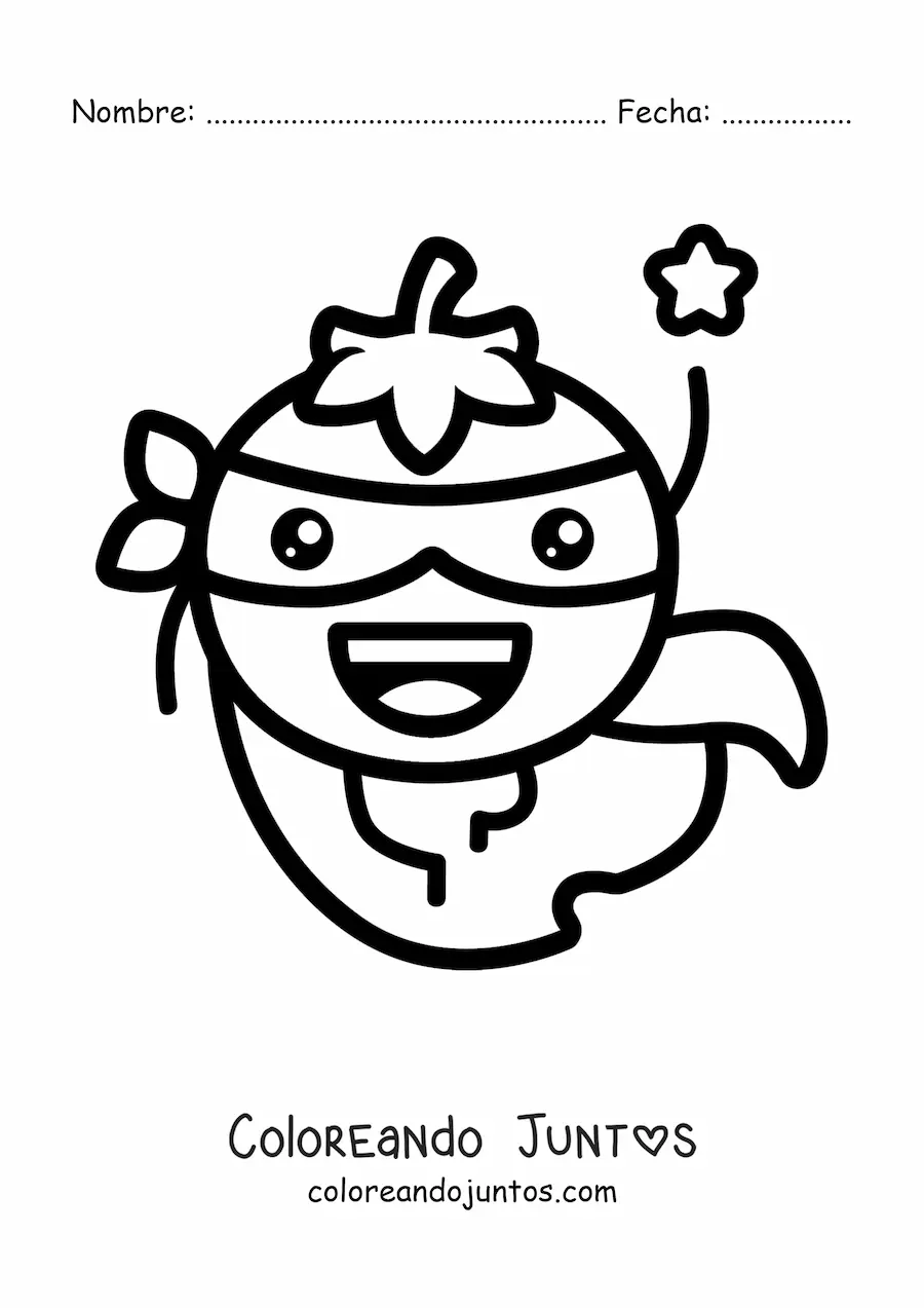 Imagen para colorear de un tomate animado vestido como superhéroe