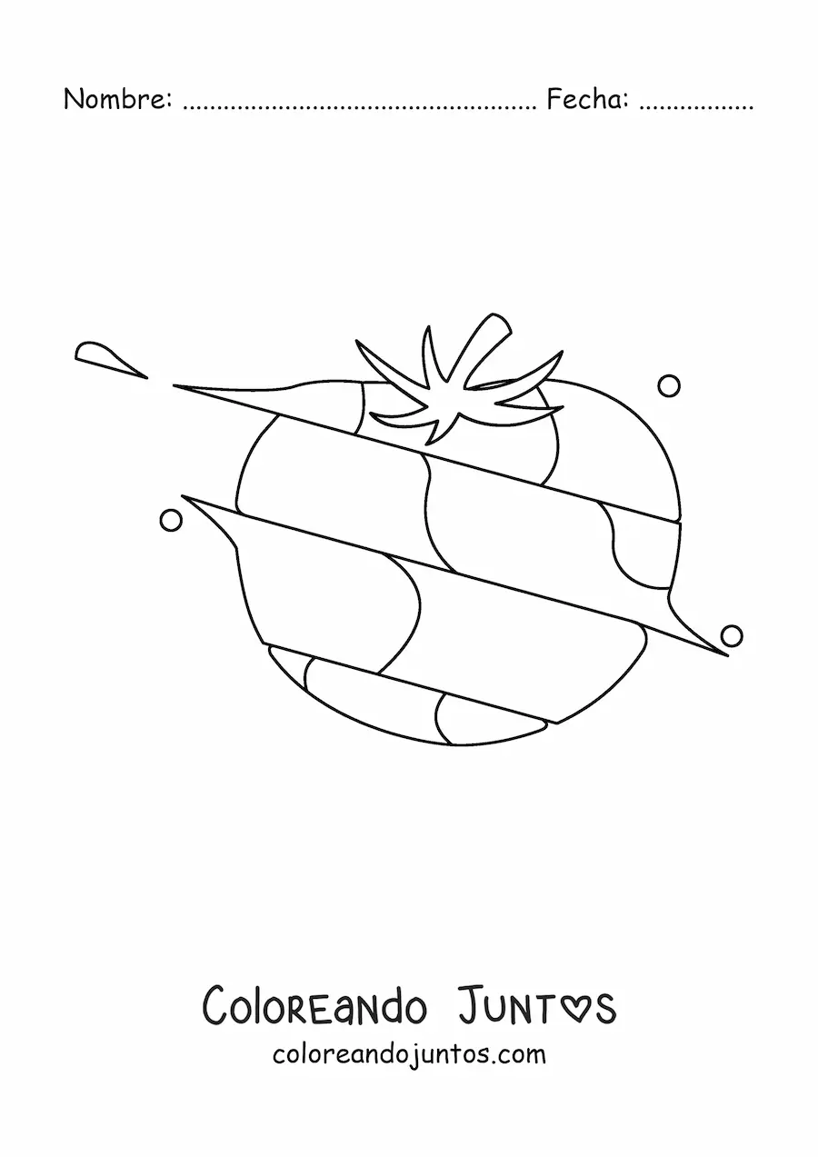 Imagen para colorear de un tomate partido en varias partes