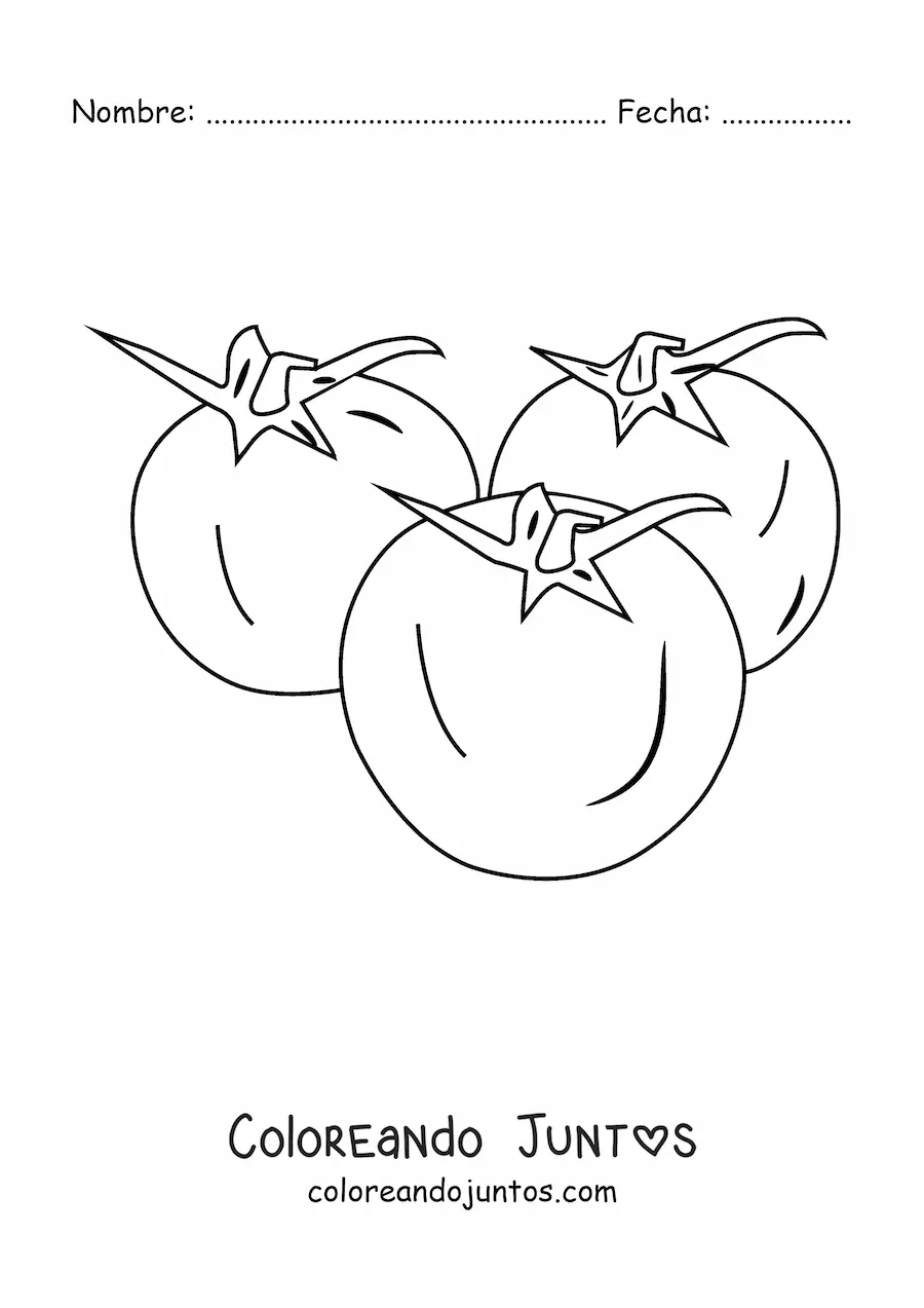 Imagen para colorear de tres tomates pequeños con hojas