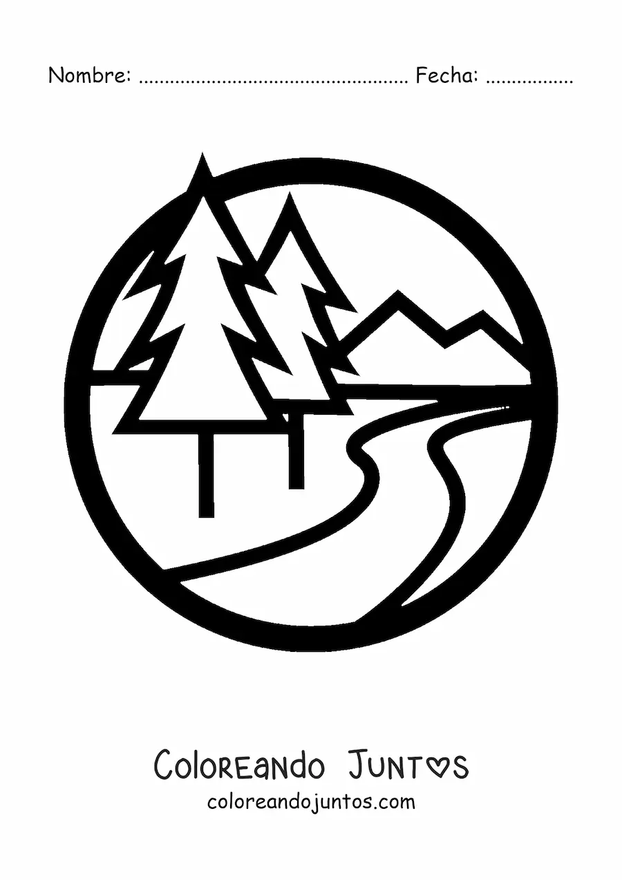 Imagen para colorear de una montaña con un río y pinos