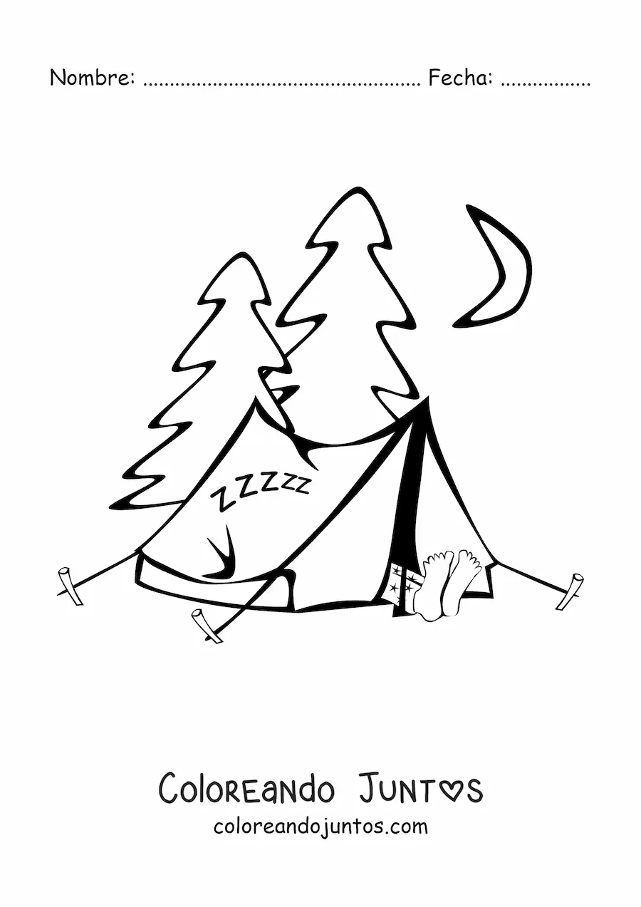 Imagen para colorear de un campamento en un bosque de pinos