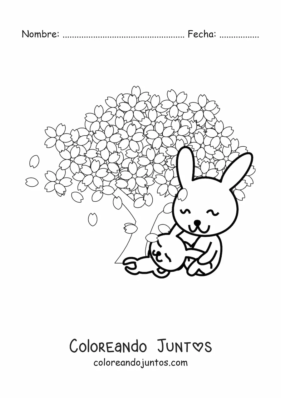 Imagen para colorear de dos conejos animados junto a un árbol de cerezo