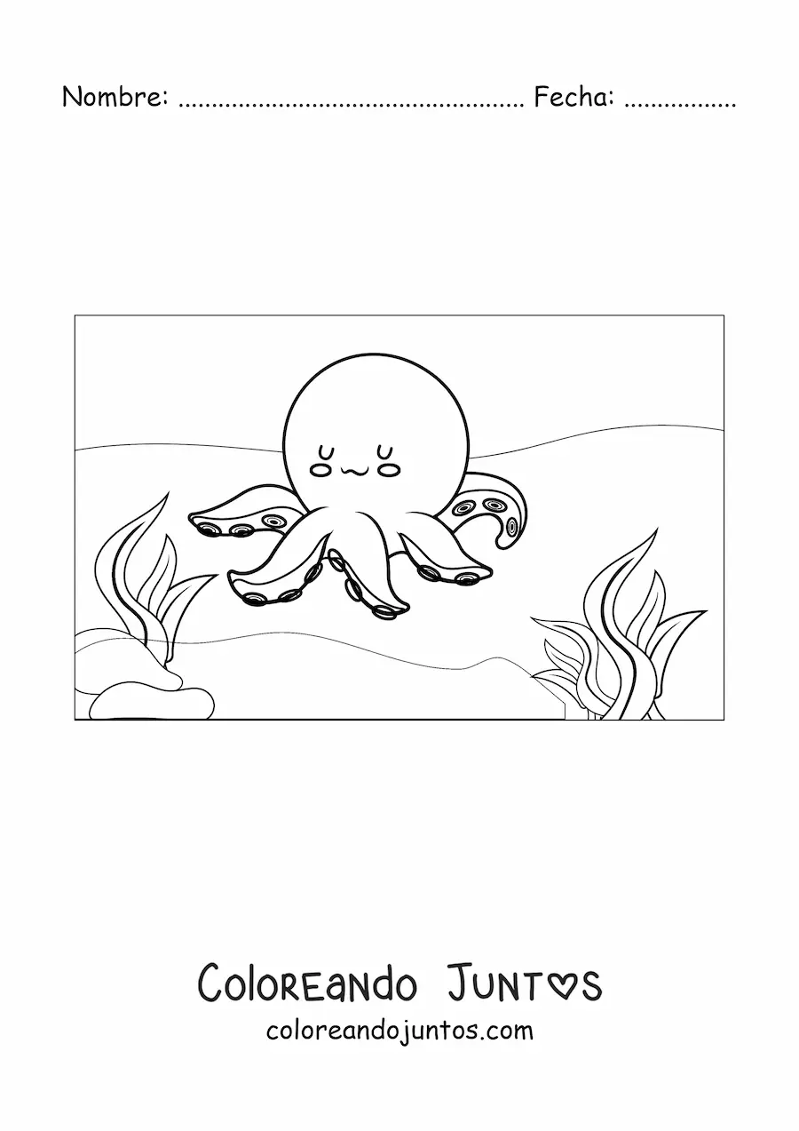 Imagen para colorear de un pulpo kawaii con algas en el mar