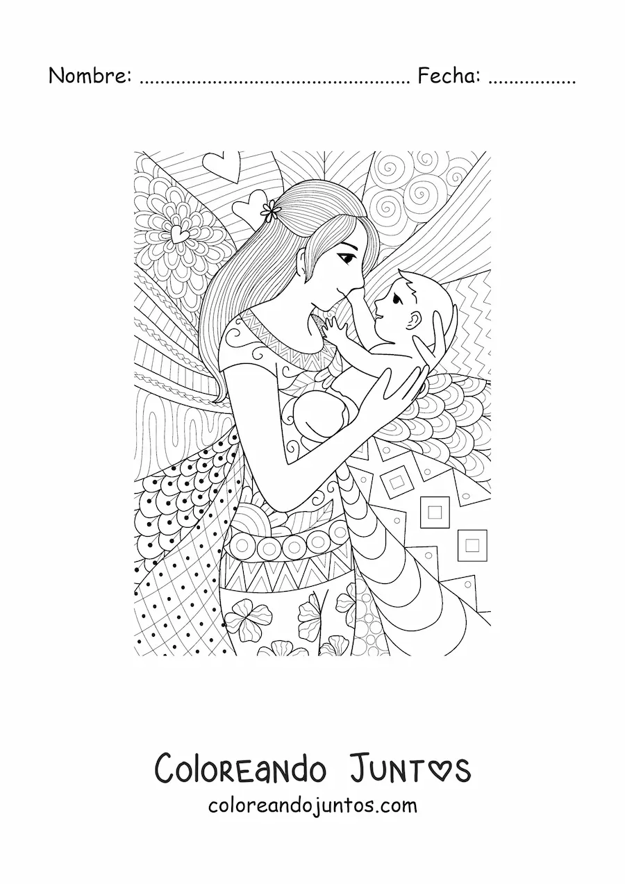 Imagen para colorear de una mamá con su bebé