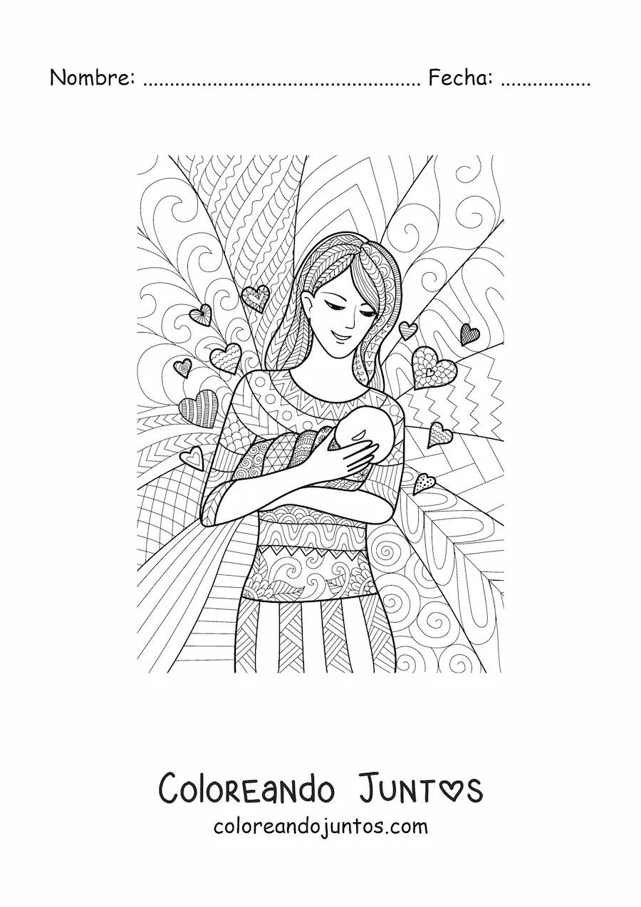 Imagen para colorear de una madre con un bebé en brazos