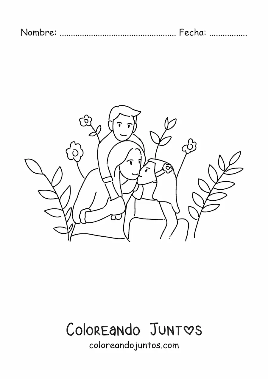 Imagen para colorear de una mamá y sus dos hijos