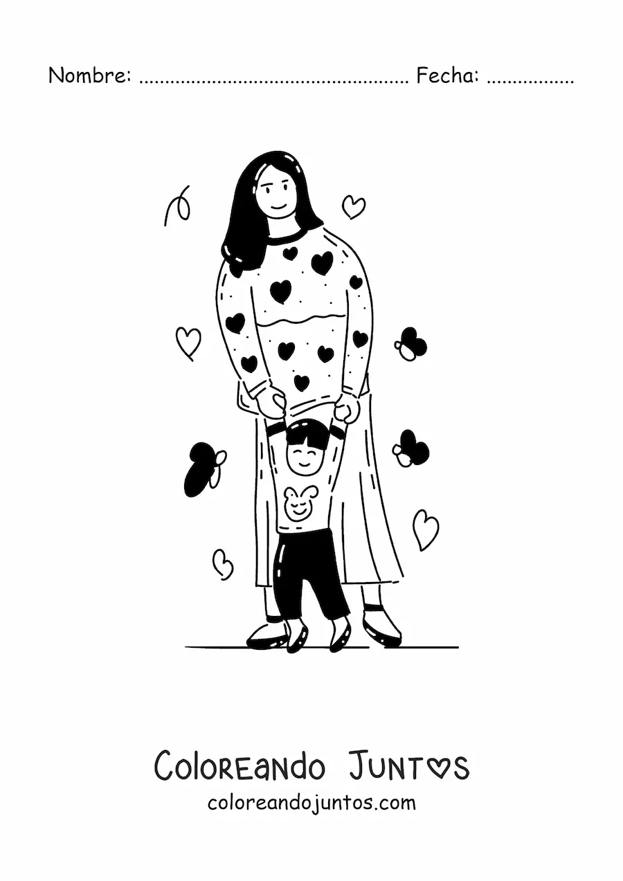 Imagen para colorear de una mamá enseñando a su hijo a caminar