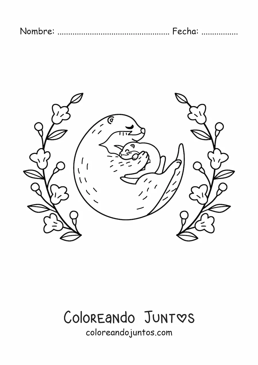 Imagen para colorear de una mamá nutria con su cría