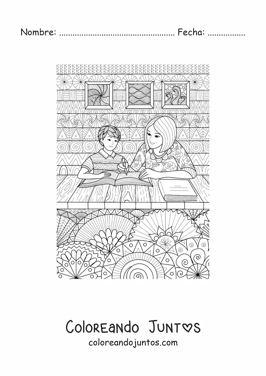Imagen para colorear de una mamá haciendo tarea con su hijo