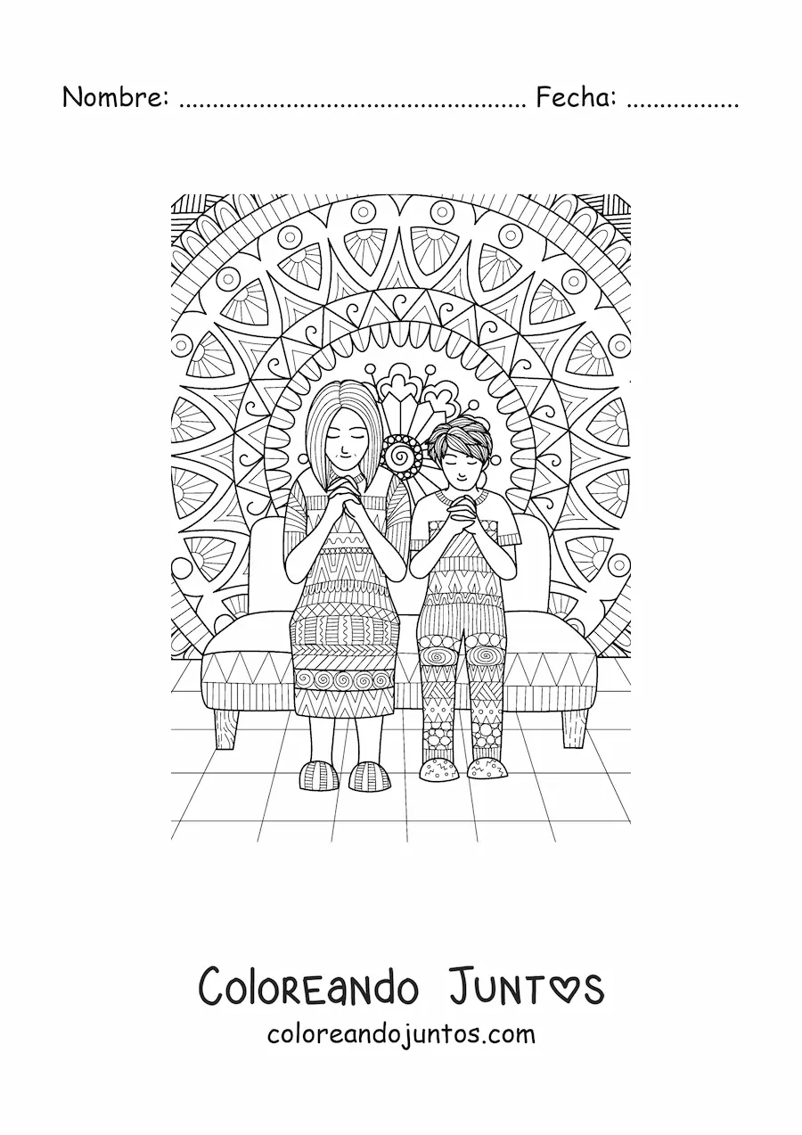 Imagen para colorear de una mamá rezando junto a su hijo