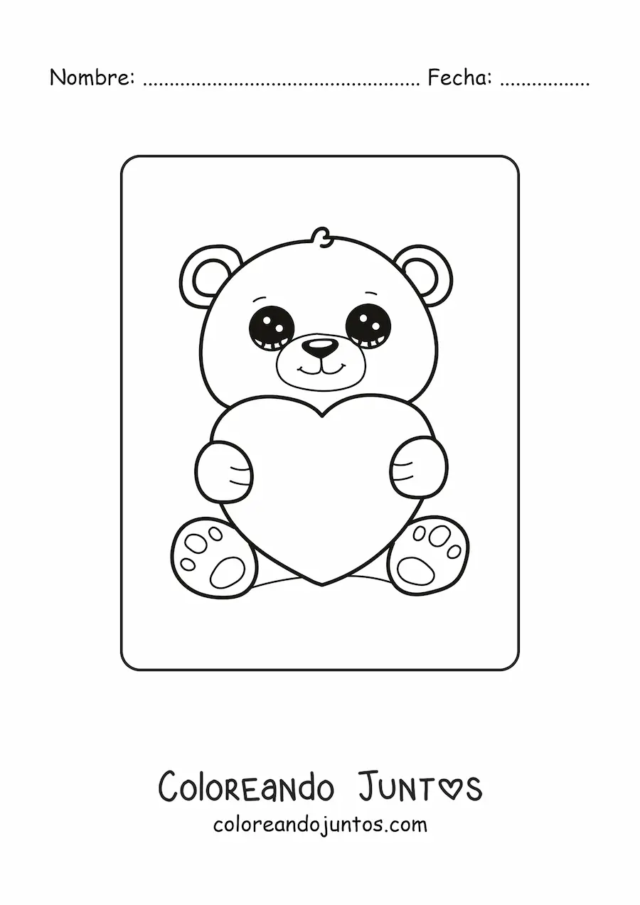 Imagen para colorear de un oso kawaii con un corazón de San Valentín