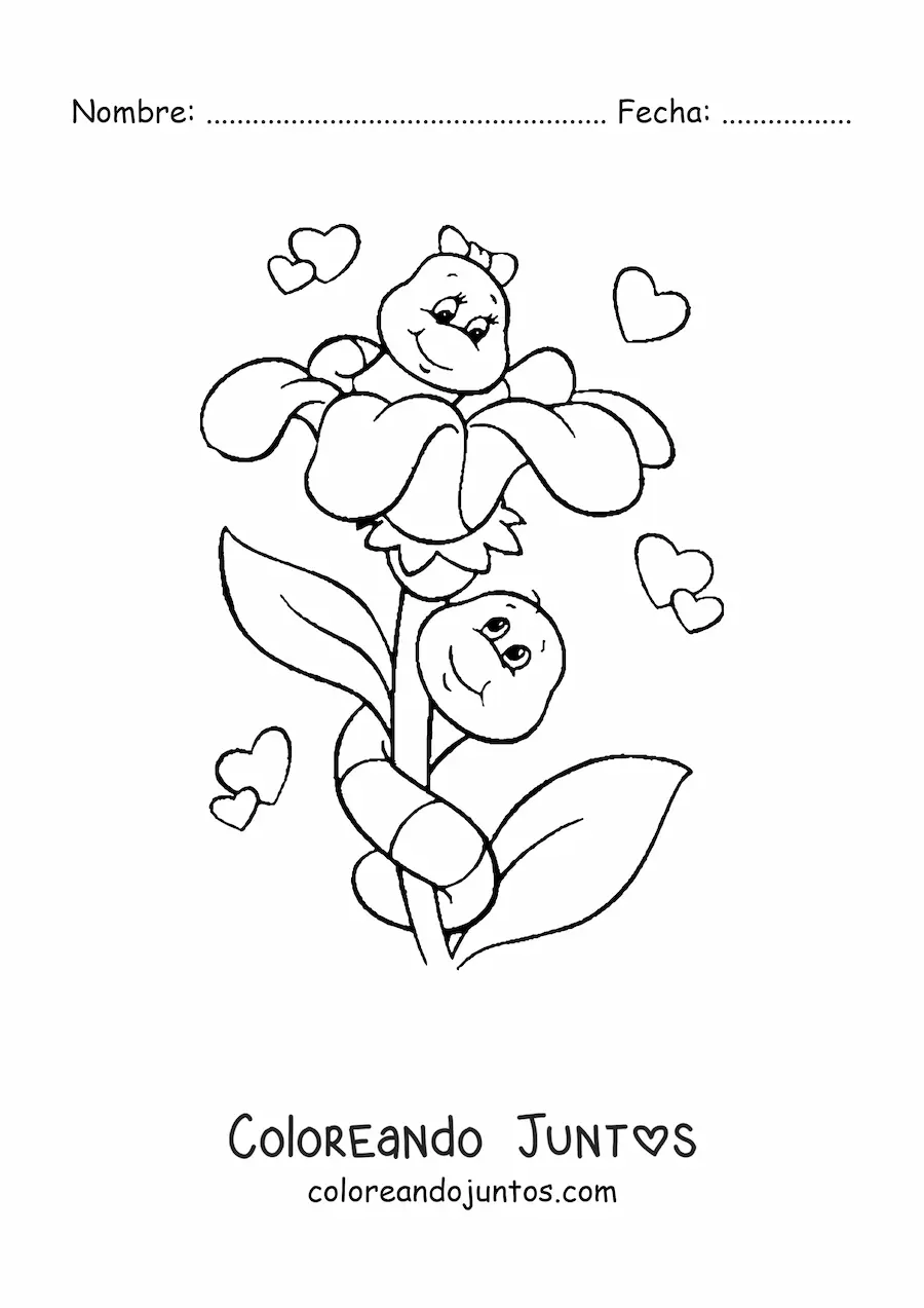 Imagen para colorear de dos oruguitas enamoradas sobre una flor