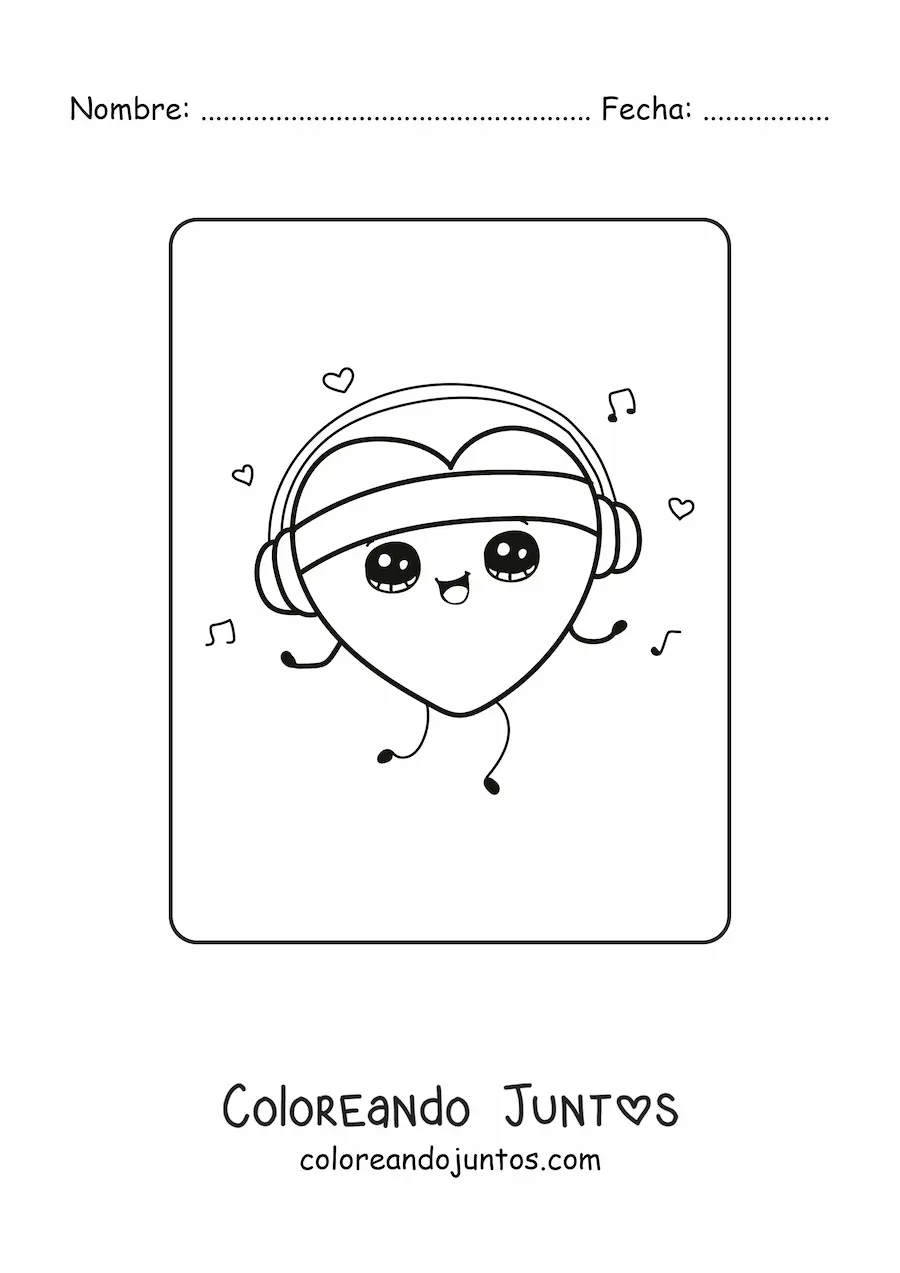 Imagen para colorear de un corazón kawaii animado escuchando música