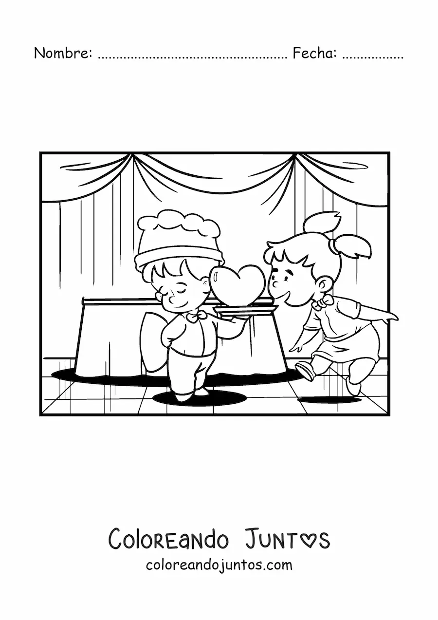 Imagen para colorear de dos niños en una cena de regalo en San Valentín