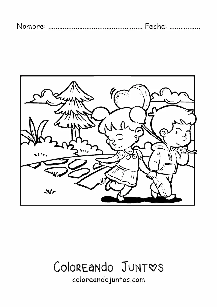 Imagen para colorear de dos niños en  una cita de San Valentín