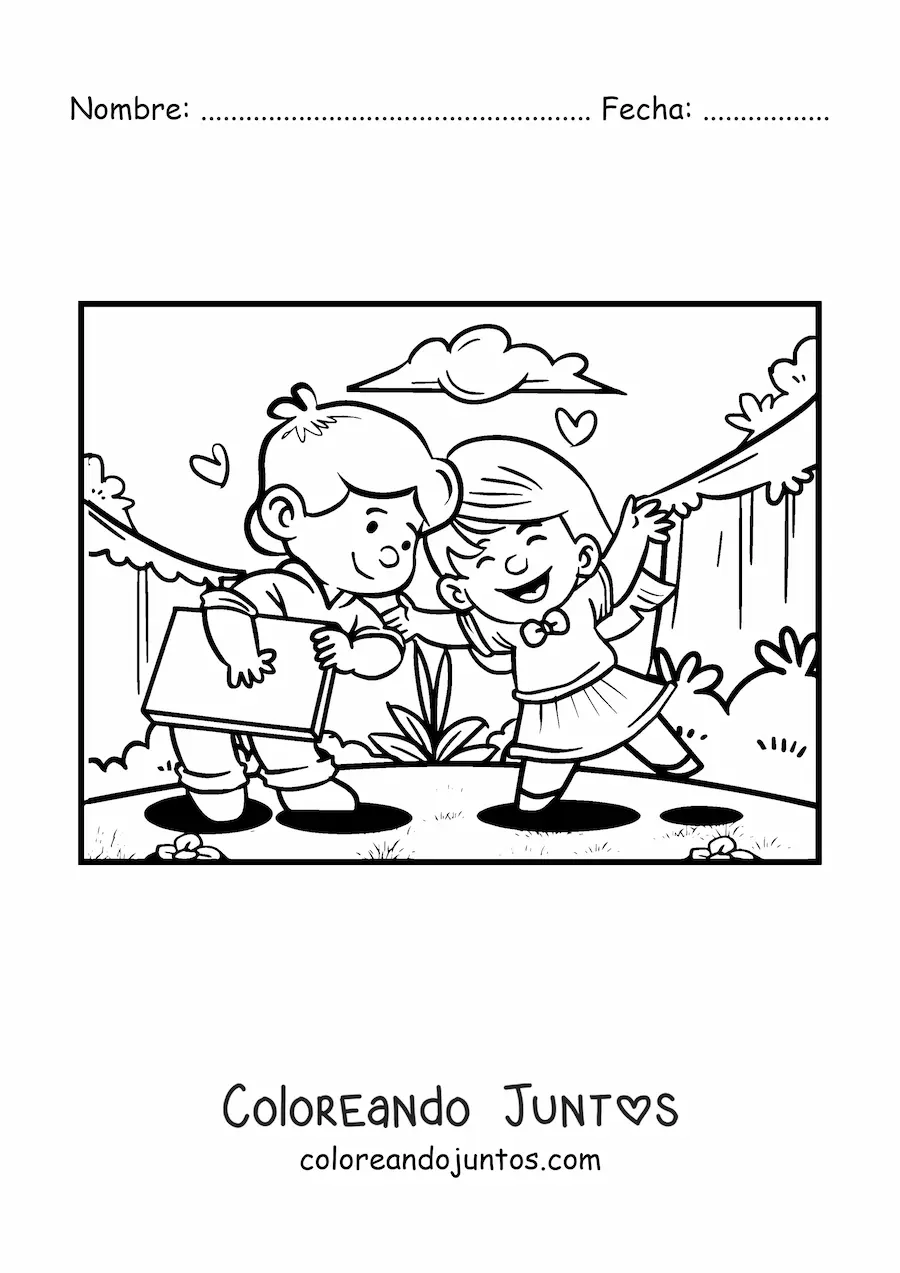 Imagen para colorear de una pareja de niños con regalo de San Valentín