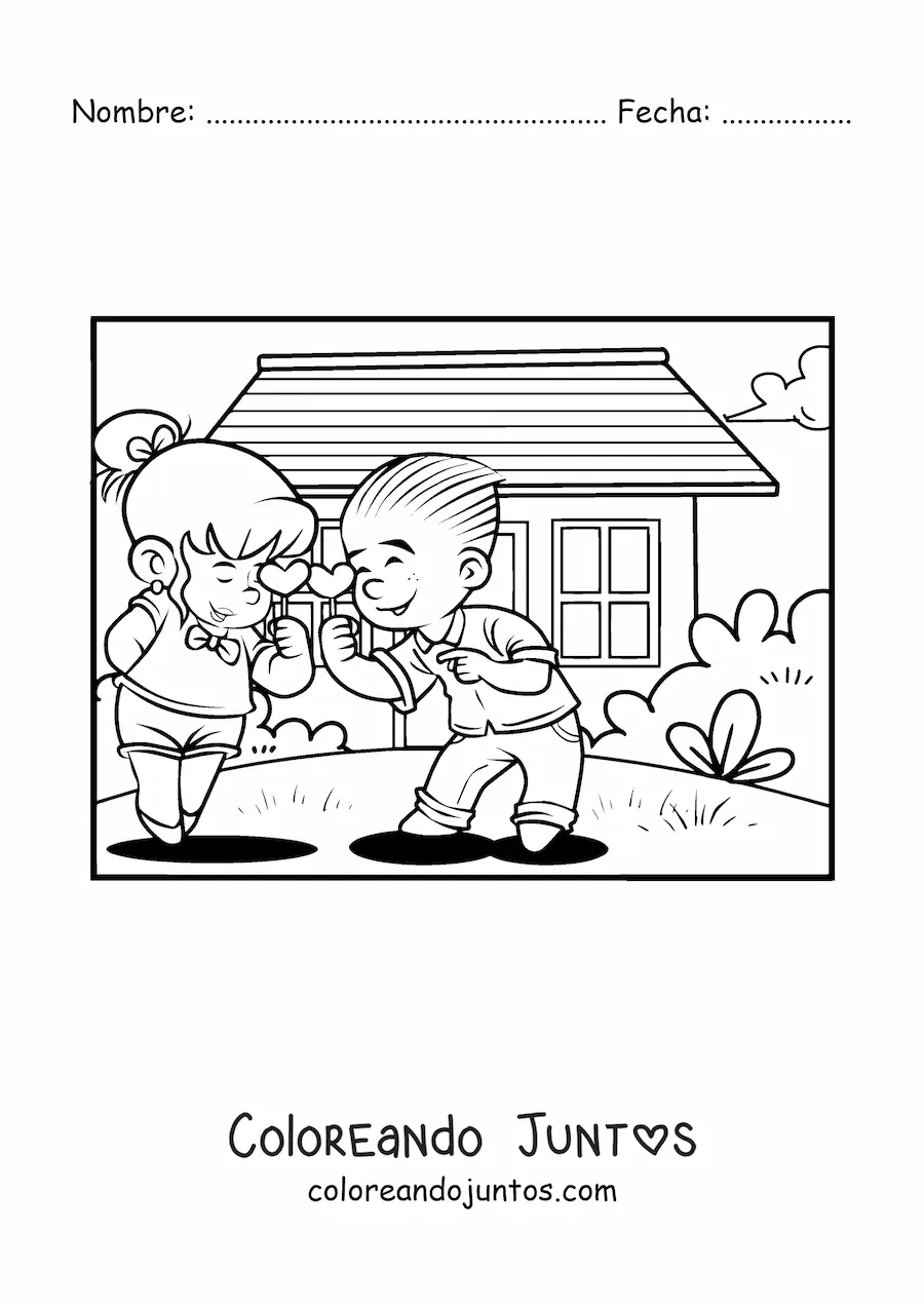 Imagen para colorear de una pareja de niños con corazones de San Valentín