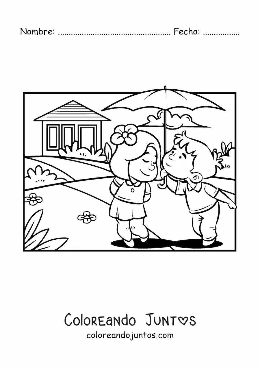 Imagen para colorear de una pareja de niños en una cita romántica