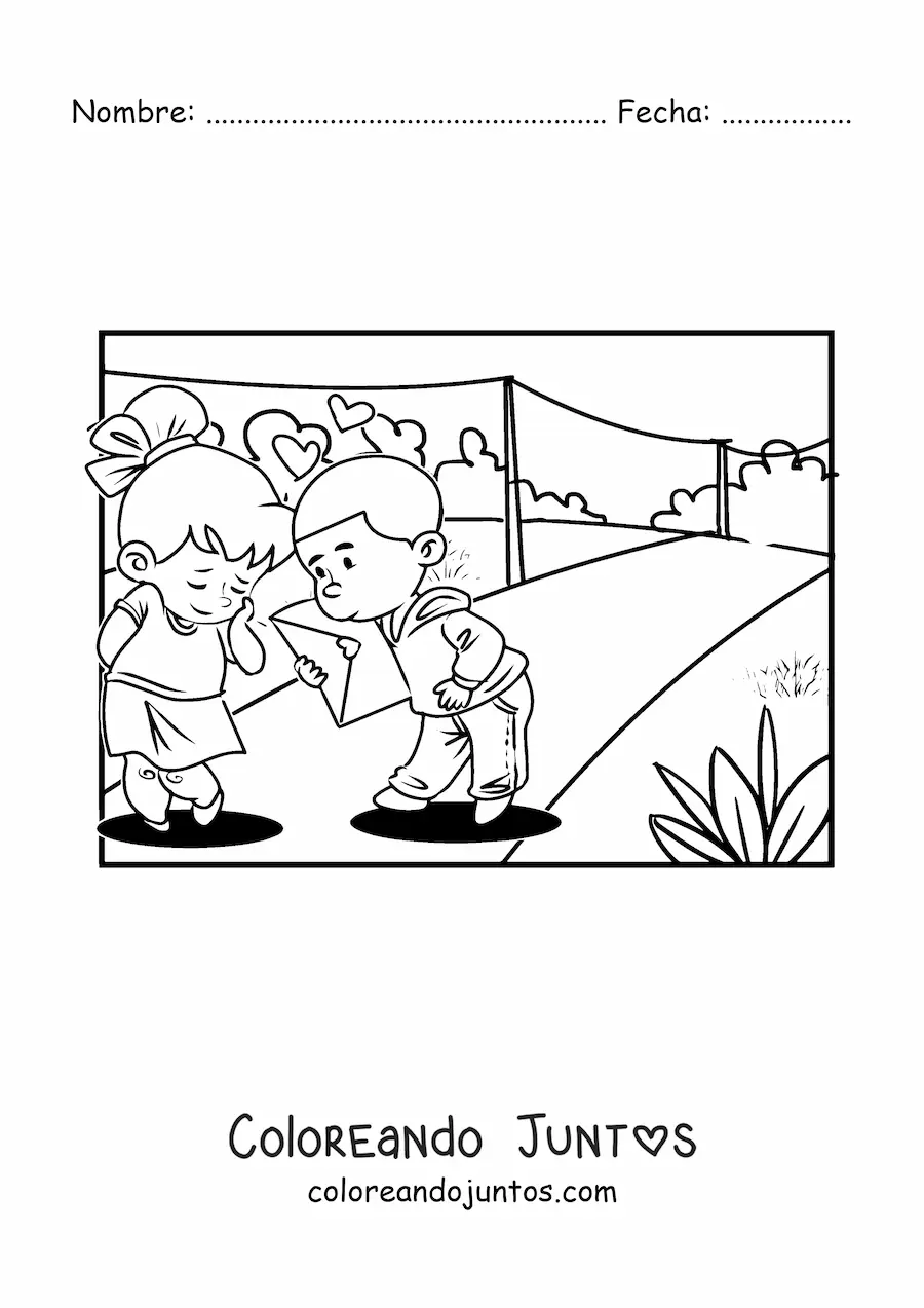 Imagen para colorear de una pareja de niños con carta de San Valentín