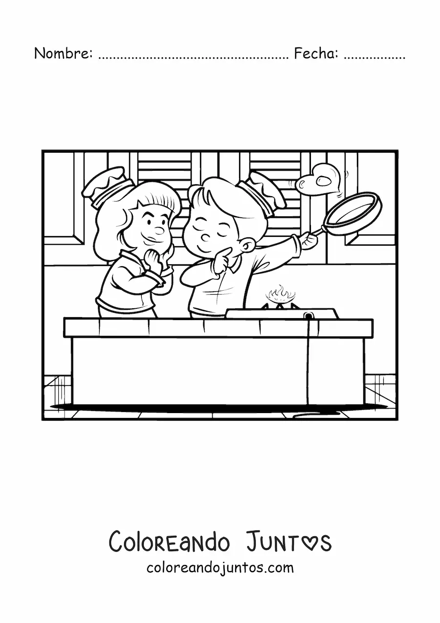 Imagen para colorear de una pareja de niños en desayuno de San Valentín