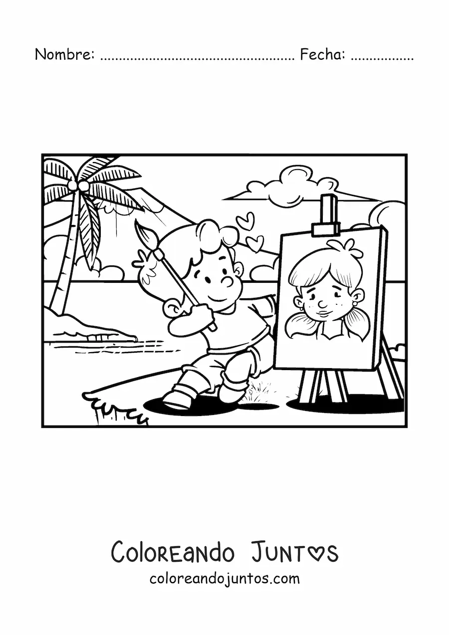 Imagen para colorear de un niño pintando un retrato de San Valentín