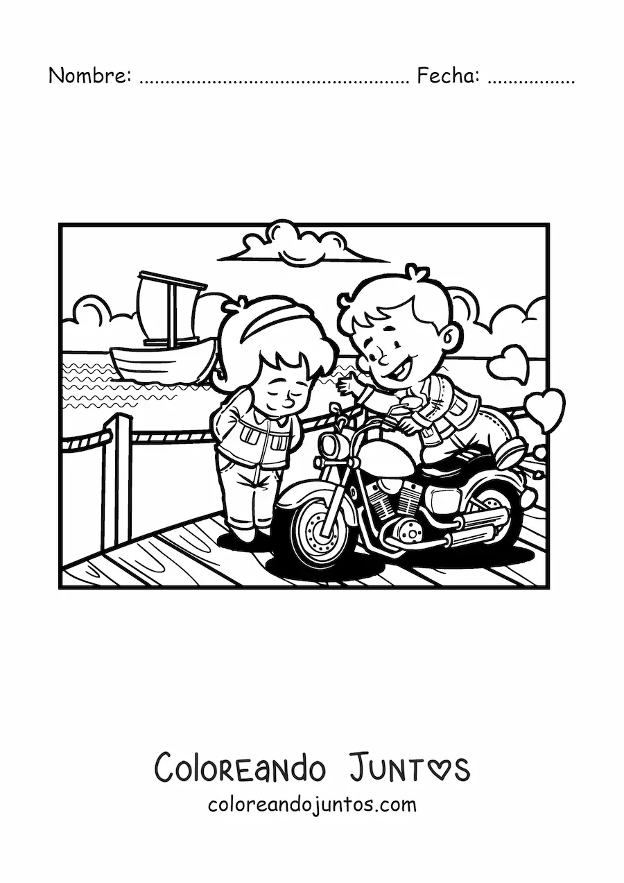 Imagen para colorear una pareja de niños en una cita romántica en el muelle