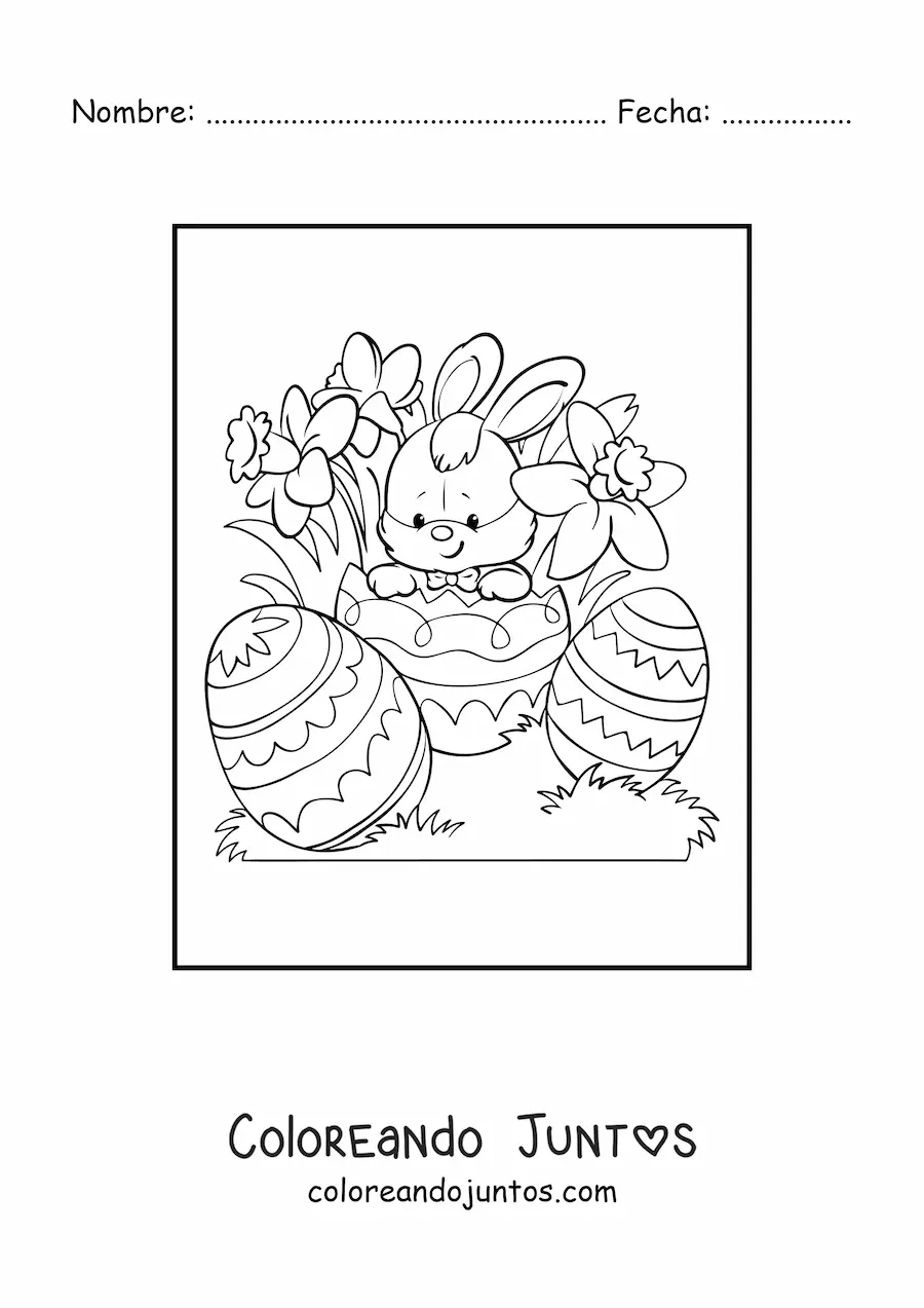 Imagen para colorear de un conejo kawaii con tres huevos de pascua y flores