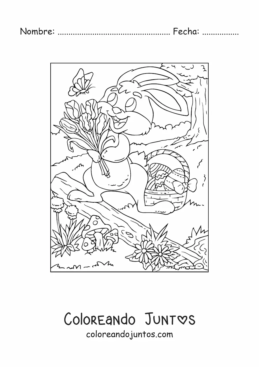 Imagen para colorear de un conejo de pascua con un ramo de flores