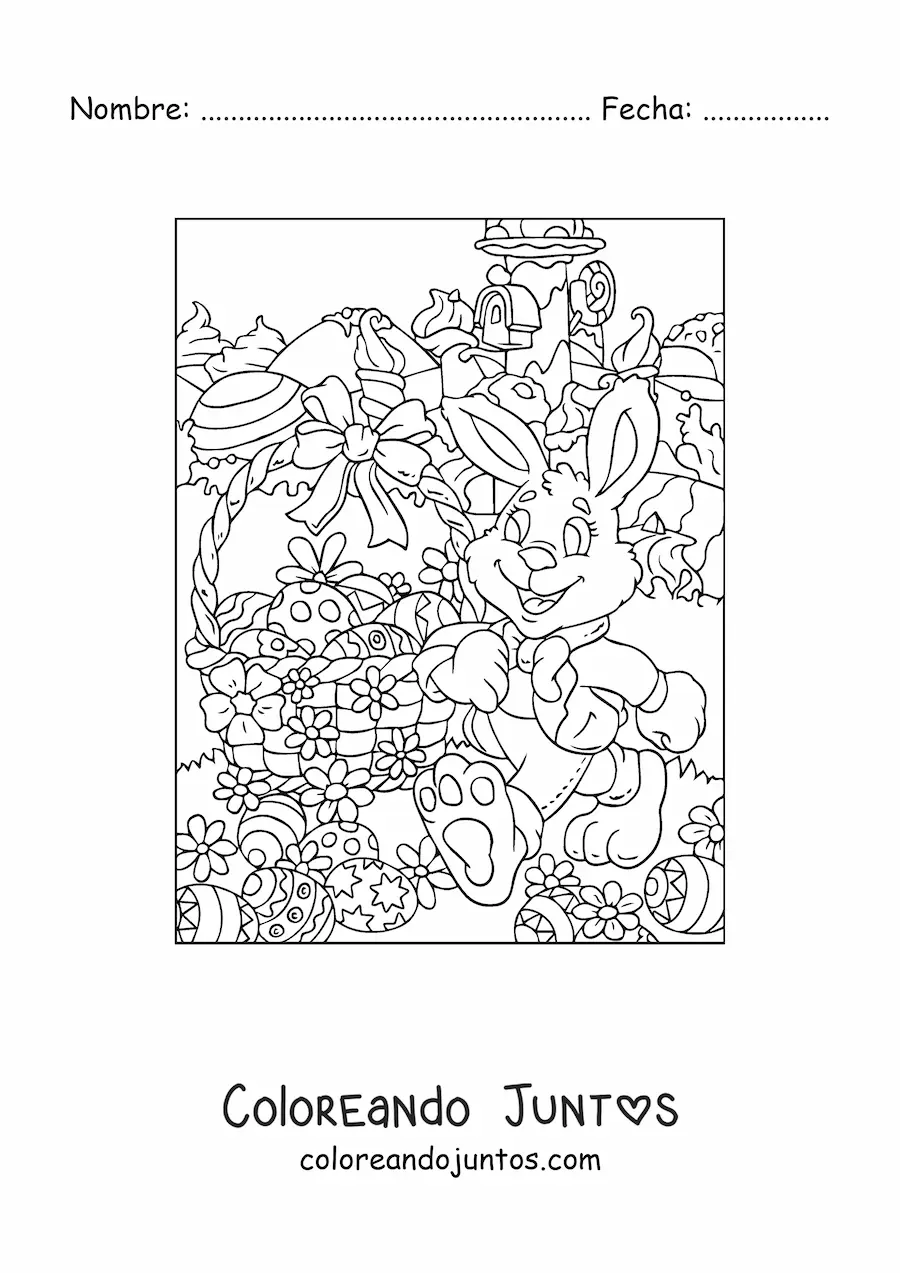 Imagen para colorear del conejo animado con un canasto de huevos de pascua
