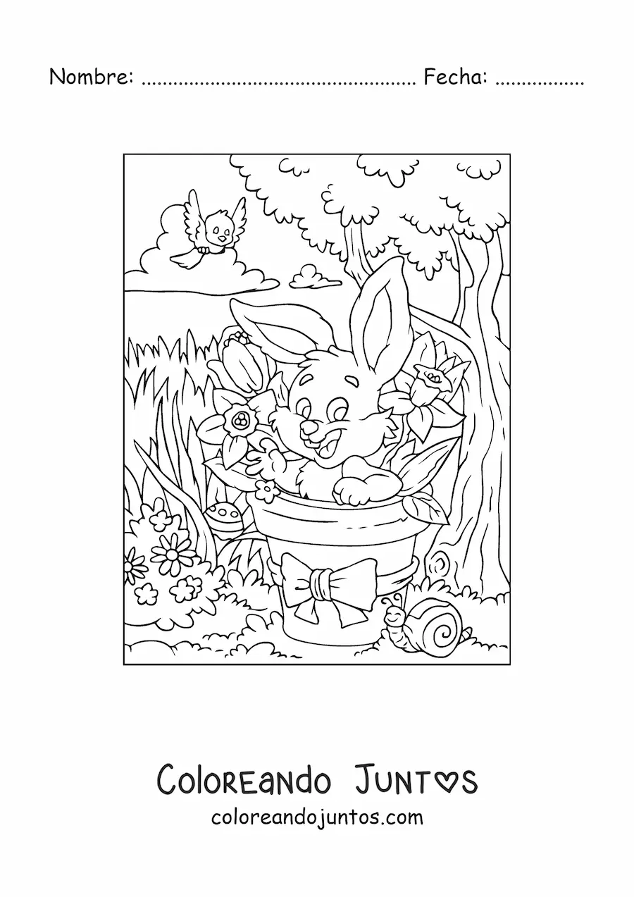 Imagen para colorear del conejo de pascua en el jardín