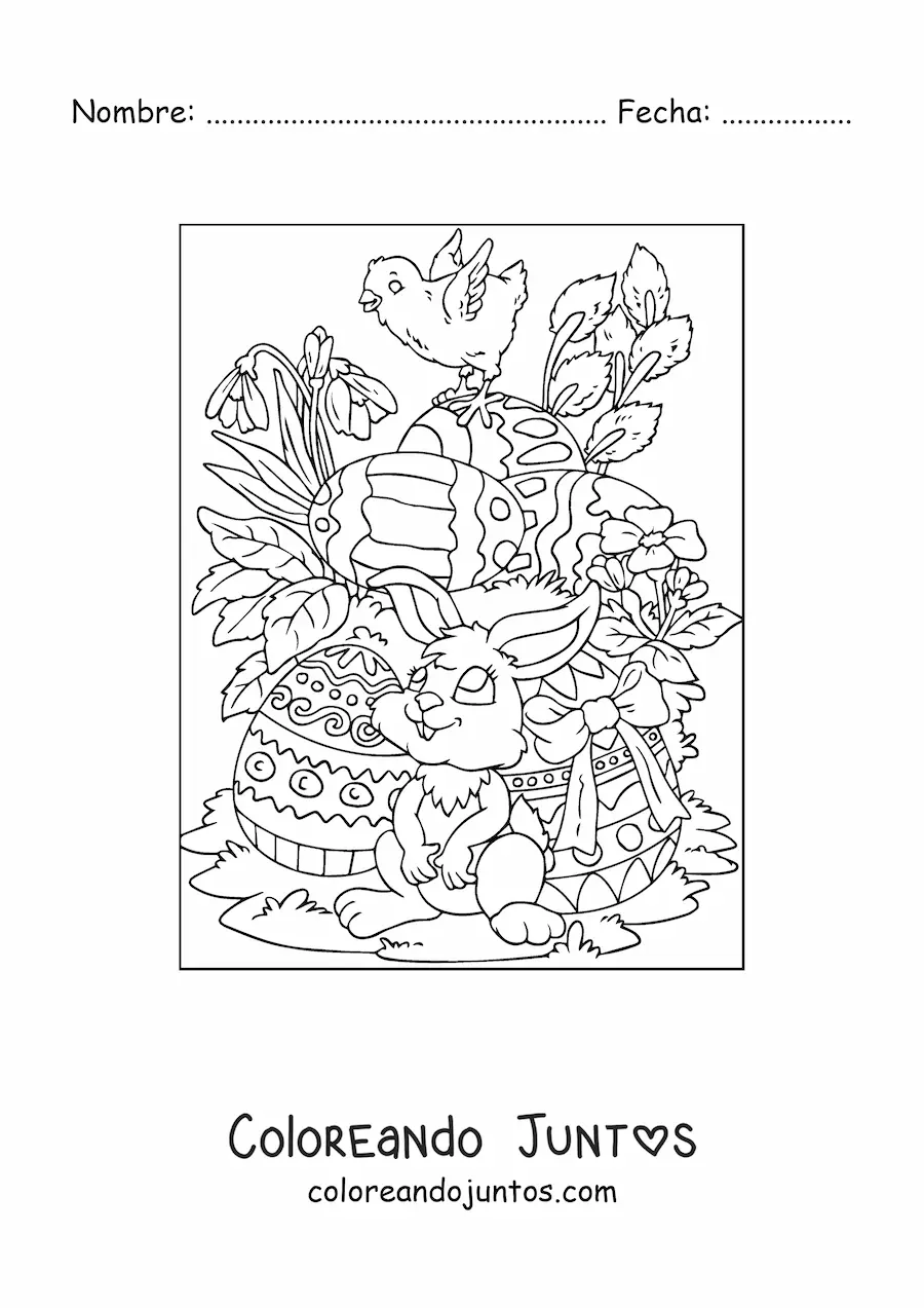 Imagen para colorear del conejo de pascua con huevos y un polluelo