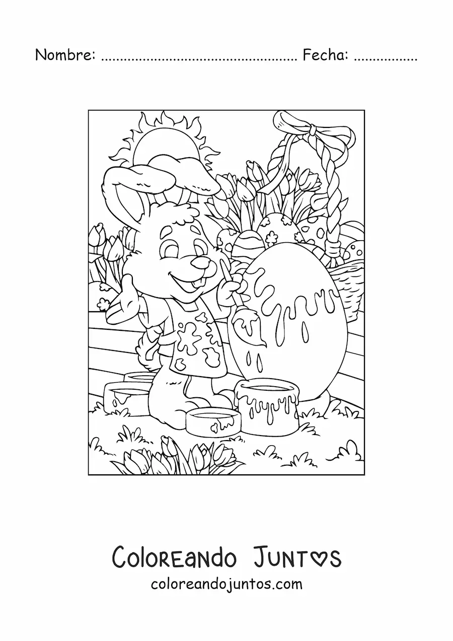 Imagen para colorear del conejo de pascua pintando un huevo