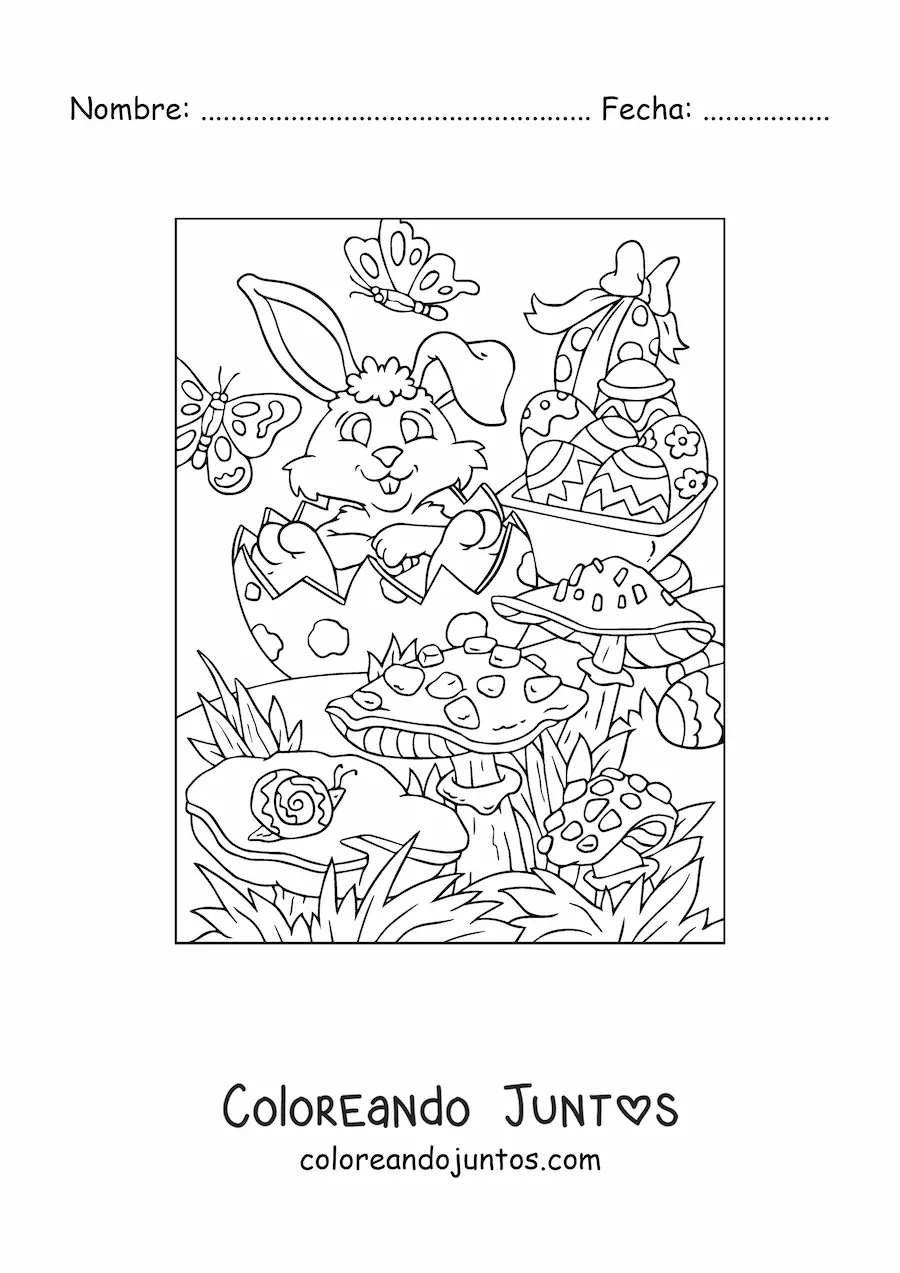 Imagen para colorear de un conejo con cesto de huevos de pascua en el jardín