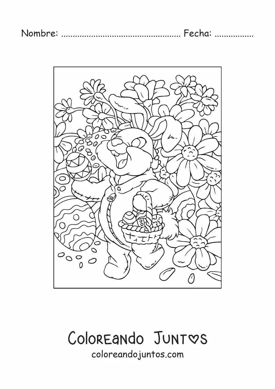 Imagen para colorear de un conejo repartiendo huevos de pascua