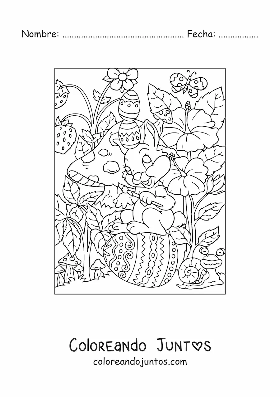 Imagen para colorear de un conejo con pincel y huevos de pascua en el jardín