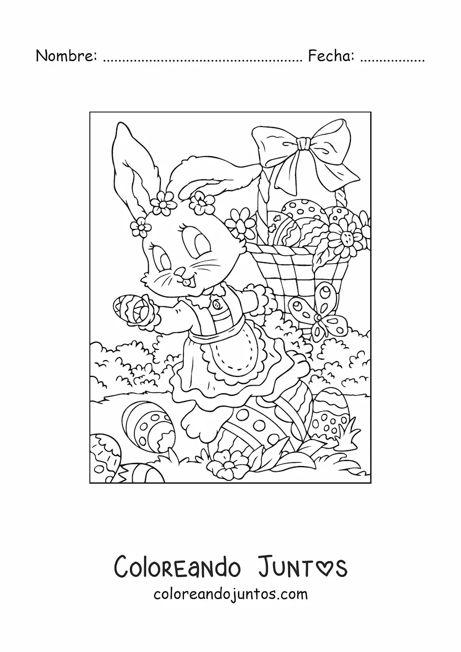 Imagen para colorear de una coneja de pascua repartiendo huevos