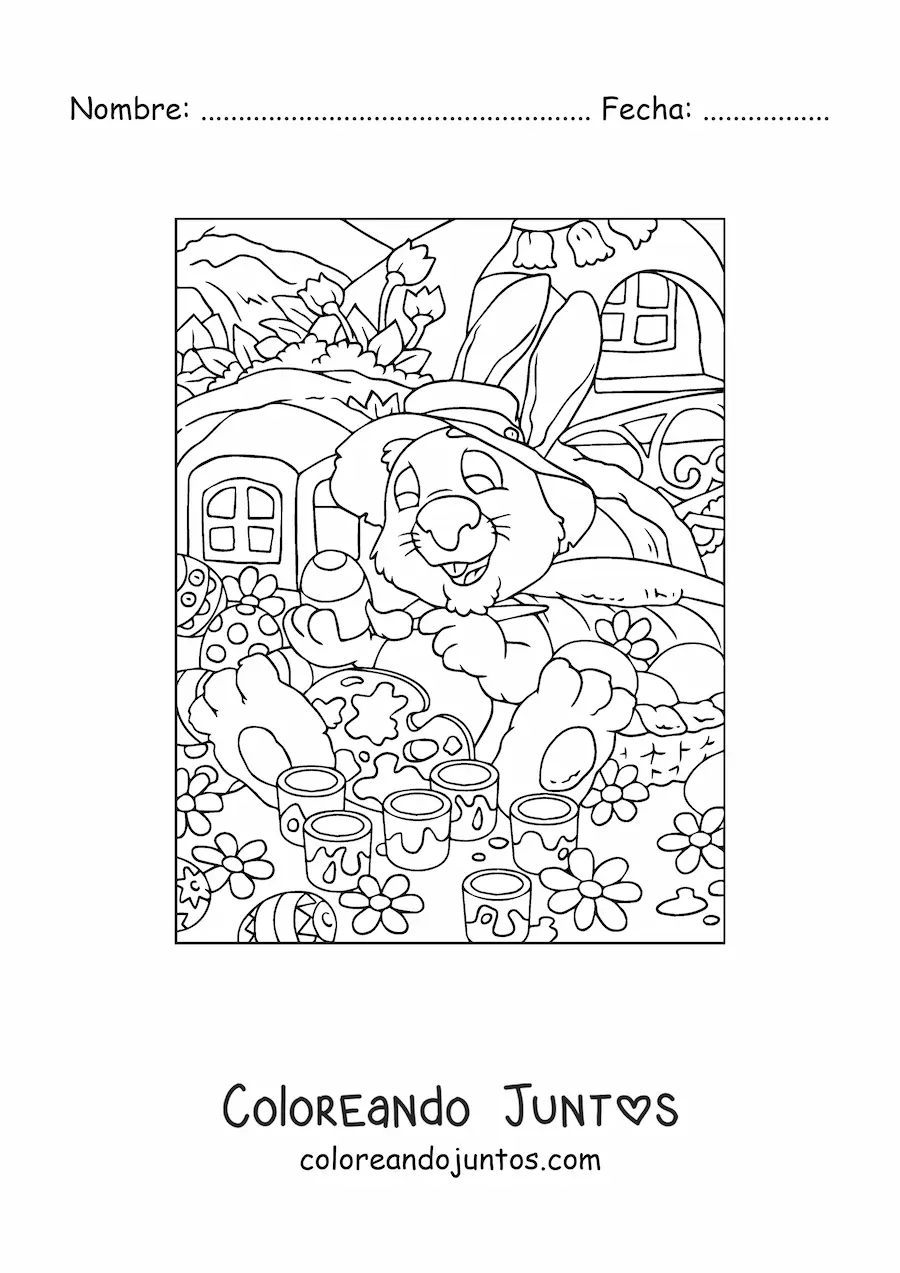Imagen para colorear del conejo de pascua con un sombrero pintando huevos