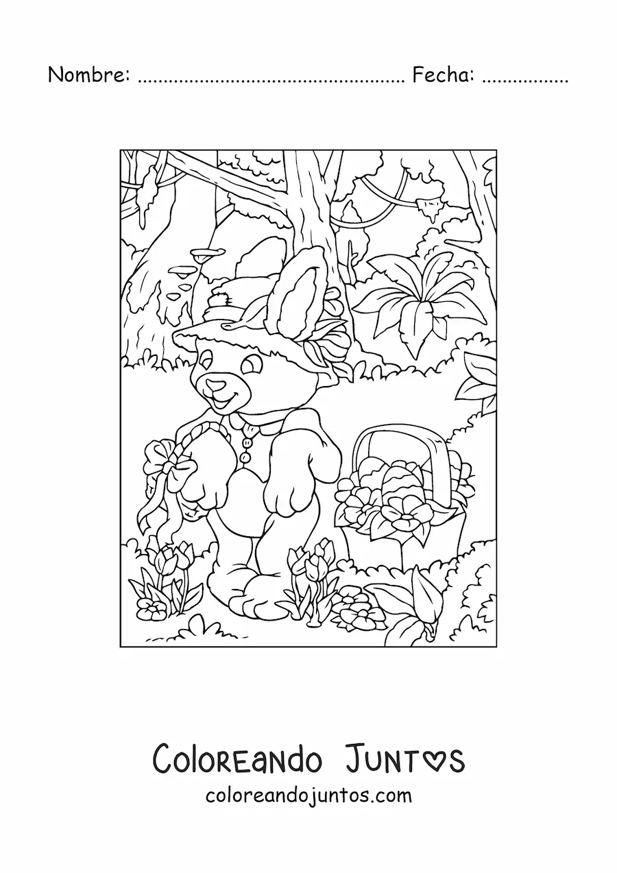 Imagen para colorear del conejo de pascua con un sombrero y un canasto de huevos