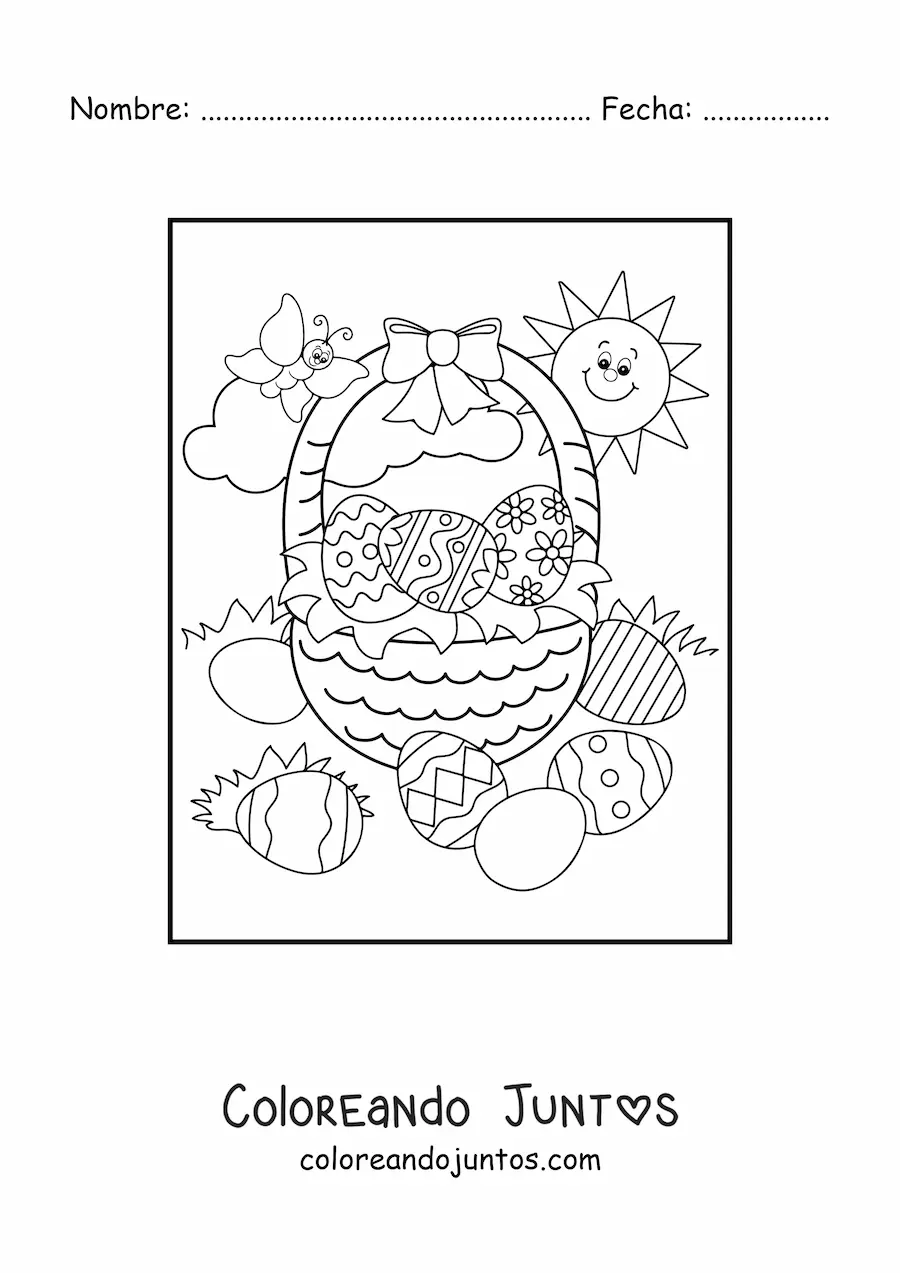 Imagen para colorear de una cesta de huevos de pascua con una mariposa y un sol feliz
