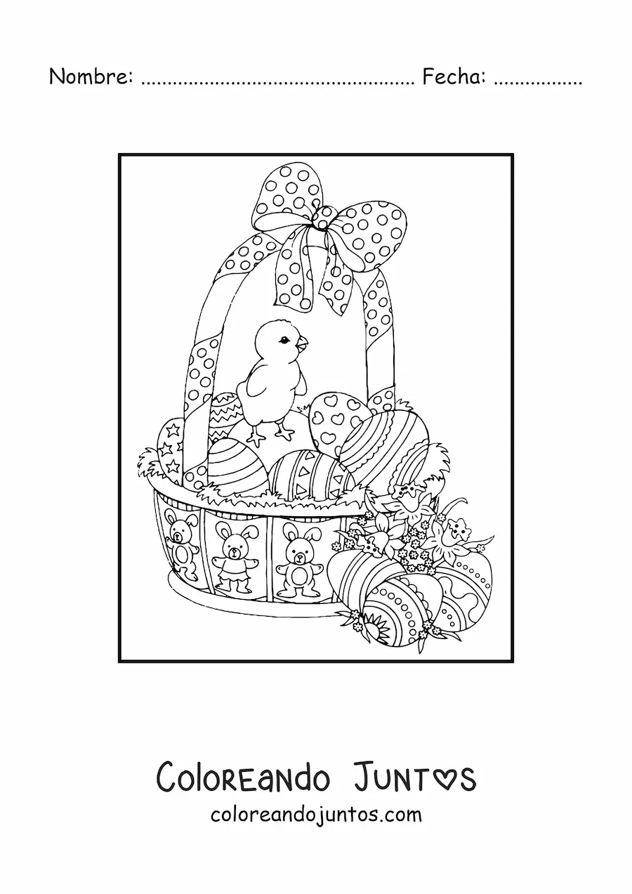 Imagen para colorear de una cesta de huevos de pascua con polluelo y flores
