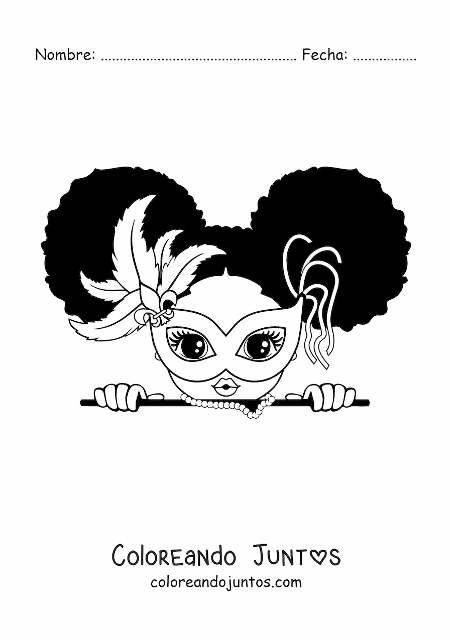 Imagen para colorear de una niña kawaii con una máscara de carnaval